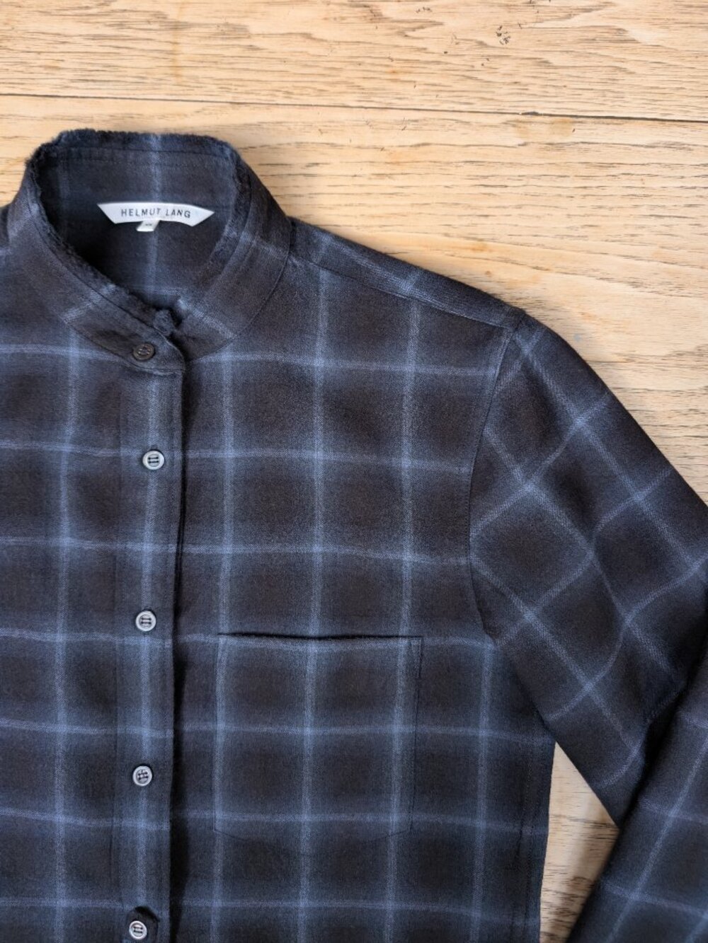 Helmut Lang wool cashmere Women's XS black blue button down windowpane shirt